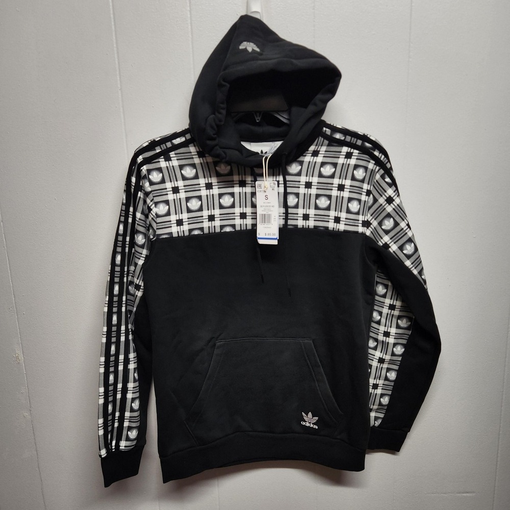 Adidas Originals Hoodie Mens Small Black Fleece Plaid Trefoil Sweatshirt IC8776